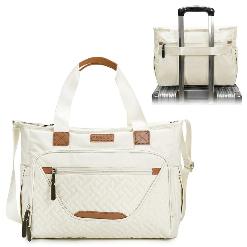 FHELAD Tote Diaper Bags, Baby Diaper Handbag with 15.6 Inch Laptop Compartment, Travel Diaper Bag with Insulated Pocket Ideal for Baby Registry (Beige) - Image 1